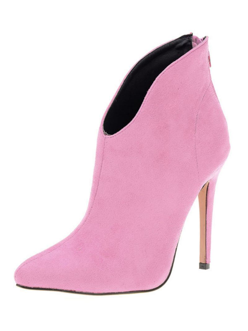 Botas Tornozelo Femininas Camurça Salto Alto Apontou Toe Com Zíper Para Mulher - Rosa