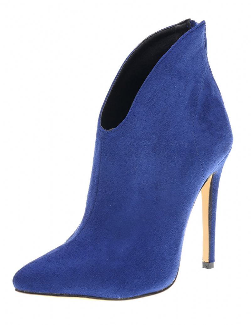 Botas Tornozelo Femininas Camurça Salto Alto Apontou Toe Com Zíper Para Mulher - Azul