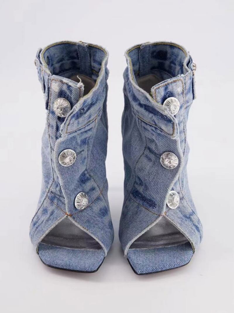 Botas Tornozelo Femininas Jeans Azul Dedo Do Pé Aberto Detalhe Salto Alto - Azul Céu Claro