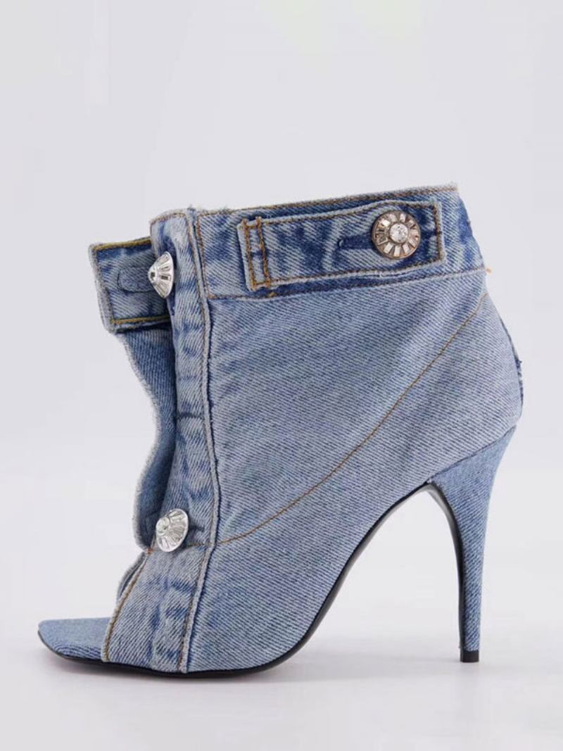 Botas Tornozelo Femininas Jeans Azul Dedo Do Pé Aberto Detalhe Salto Alto - Azul Céu Claro