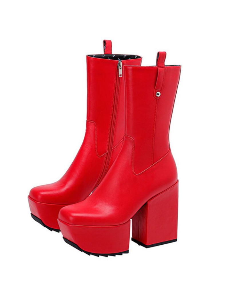 Botas Tornozelo Femininas Plataforma Dedo Do Pé Quadrado Salto Couro Brilhante Grosso - Vermelho