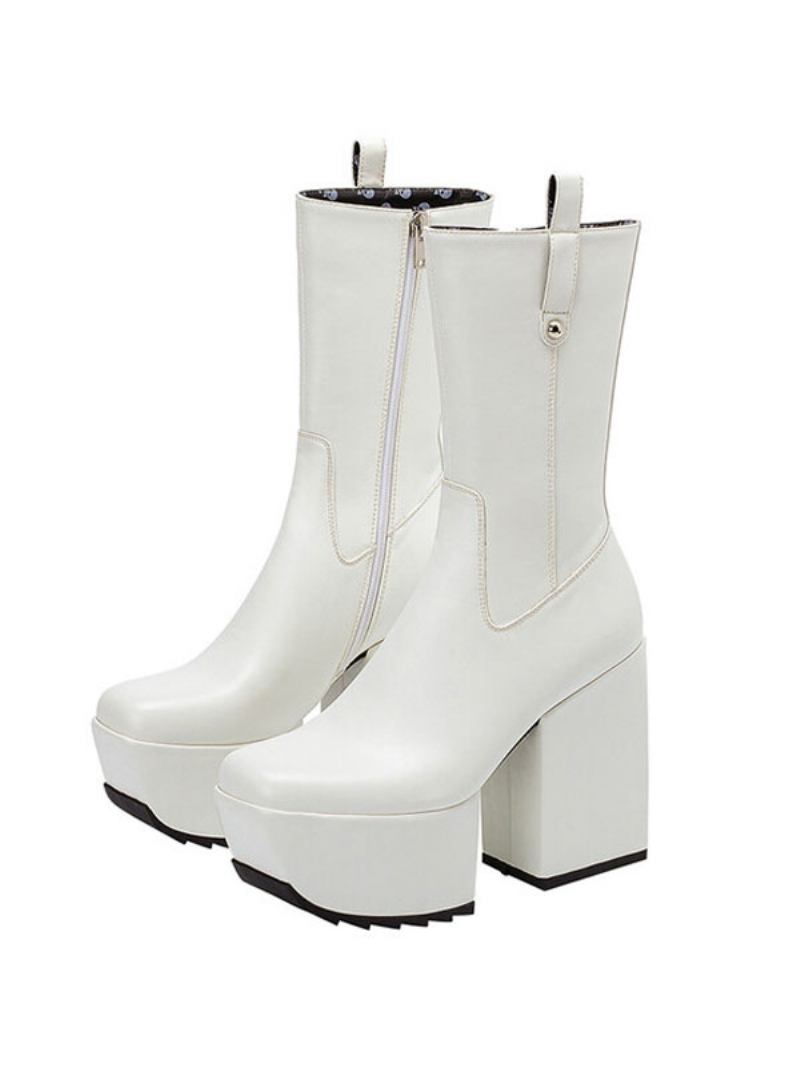 Botas Tornozelo Femininas Plataforma Dedo Do Pé Quadrado Salto Couro Brilhante Grosso - Branco