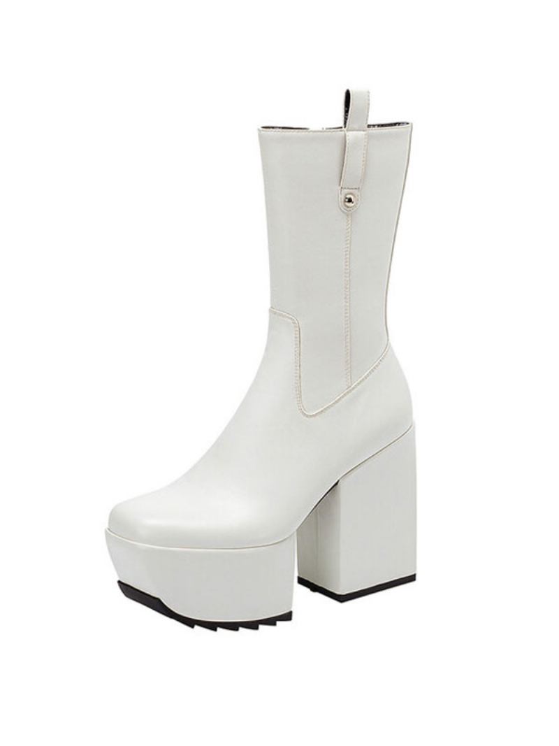 Botas Tornozelo Femininas Plataforma Dedo Do Pé Quadrado Salto Couro Brilhante Grosso - Branco