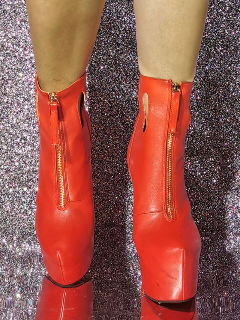 Botas Tornozelo Femininas Plataforma Redonda Dedo Do Pé Com Zíper Detalhe Salto Alto - Vermelho