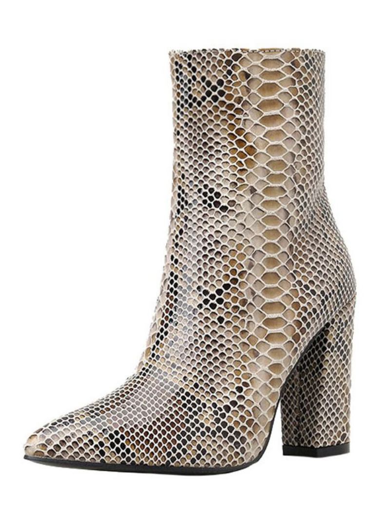 Botas Tornozelo Femininas Python Apontou Toe Cobra Impressão Couro Salto Grosso - Pitão