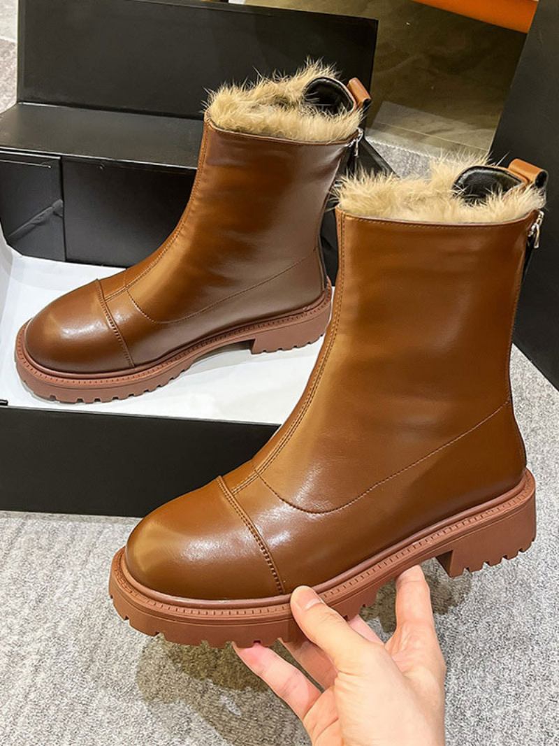 Botas Tornozelo Pretas Femininas Dedo Do Pé Redondo Inverno Curtas Com Detalhes Pelúcia - Castanho Claro