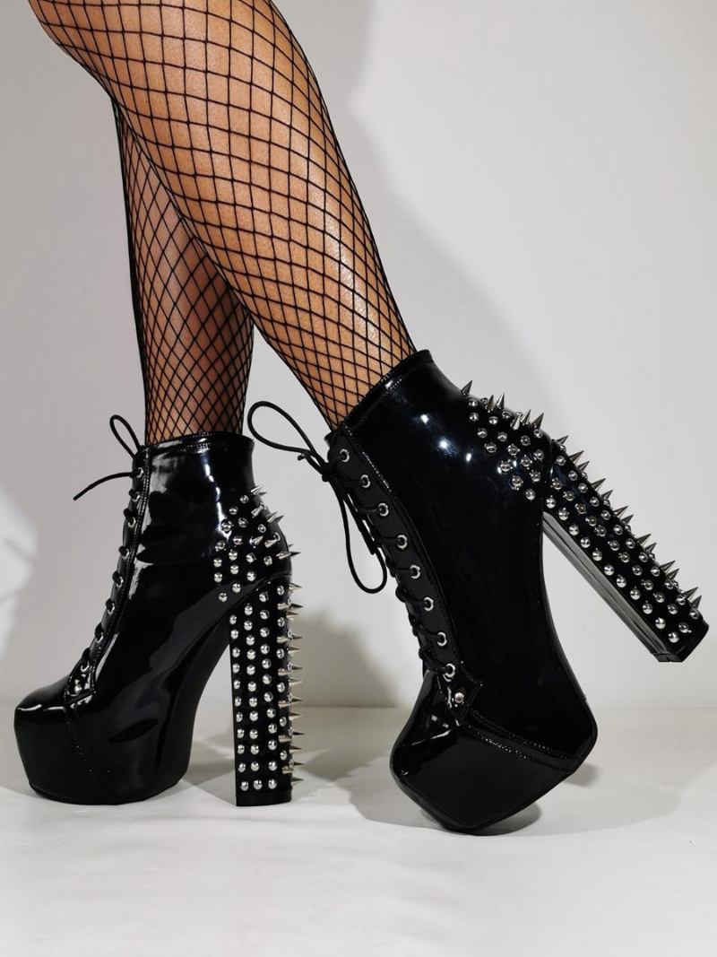 Botas Tornozelo Pretas Femininas Plataforma Dedo Do Pé Redondo Salto Grosso Cravejado Sexy Club Booties