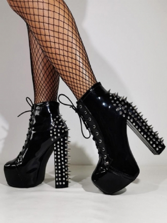 Botas Tornozelo Pretas Femininas Plataforma Dedo Do Pé Redondo Salto Grosso Cravejado Sexy Club Booties