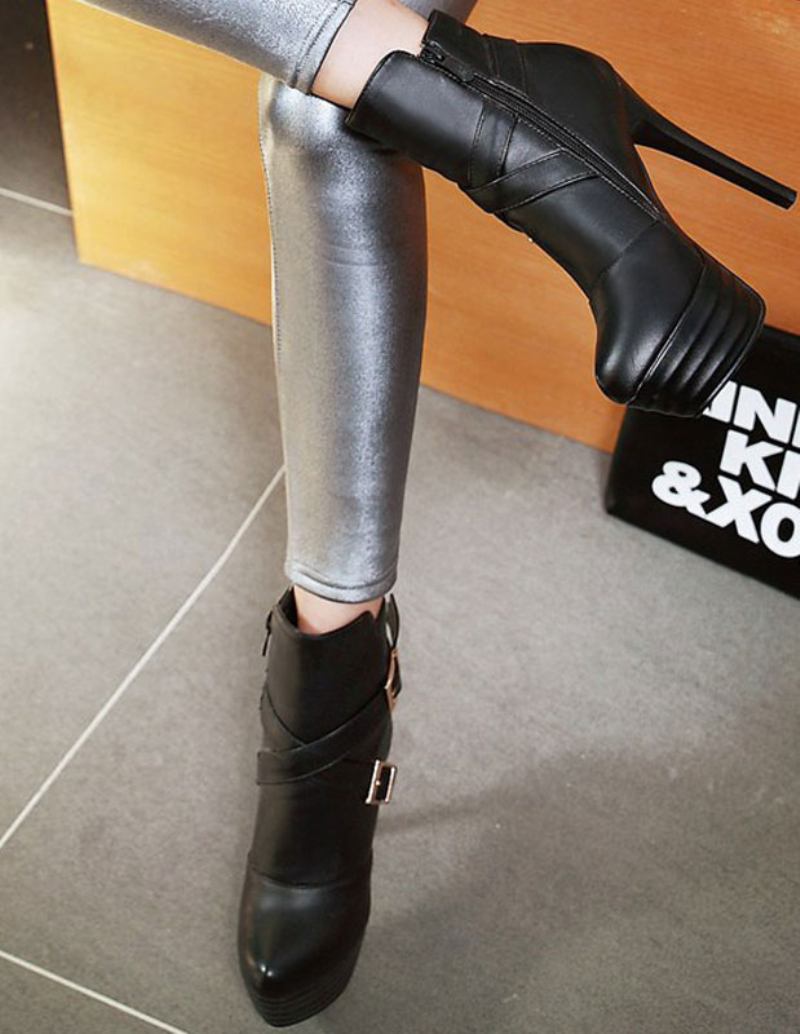 Botas Tornozelo Pretas Plataforma Salto Alto Fivela Feminina Zíper Curtas Stiletto - Preto