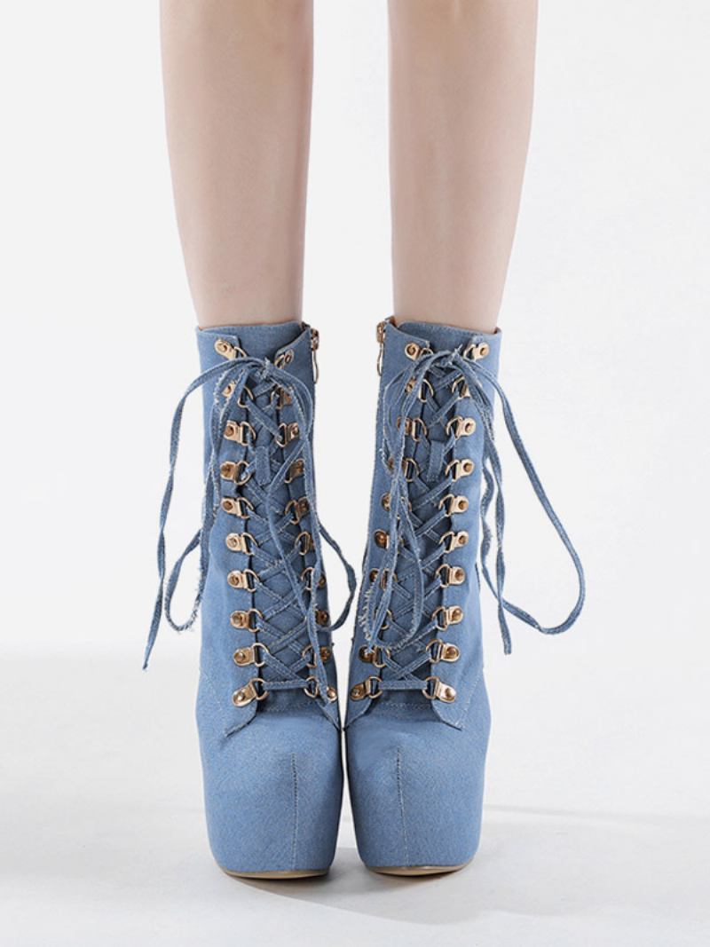 Botas Tornozelo Sexy Femininas Lona Dedo Do Pé Redondo Salto Agulha Rendas Até - Azul Céu Claro