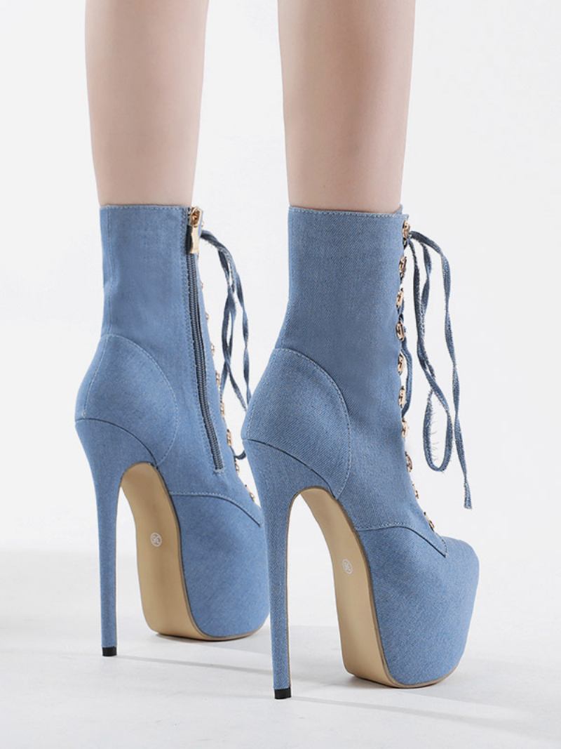 Botas Tornozelo Sexy Femininas Lona Dedo Do Pé Redondo Salto Agulha Rendas Até - Azul Céu Claro