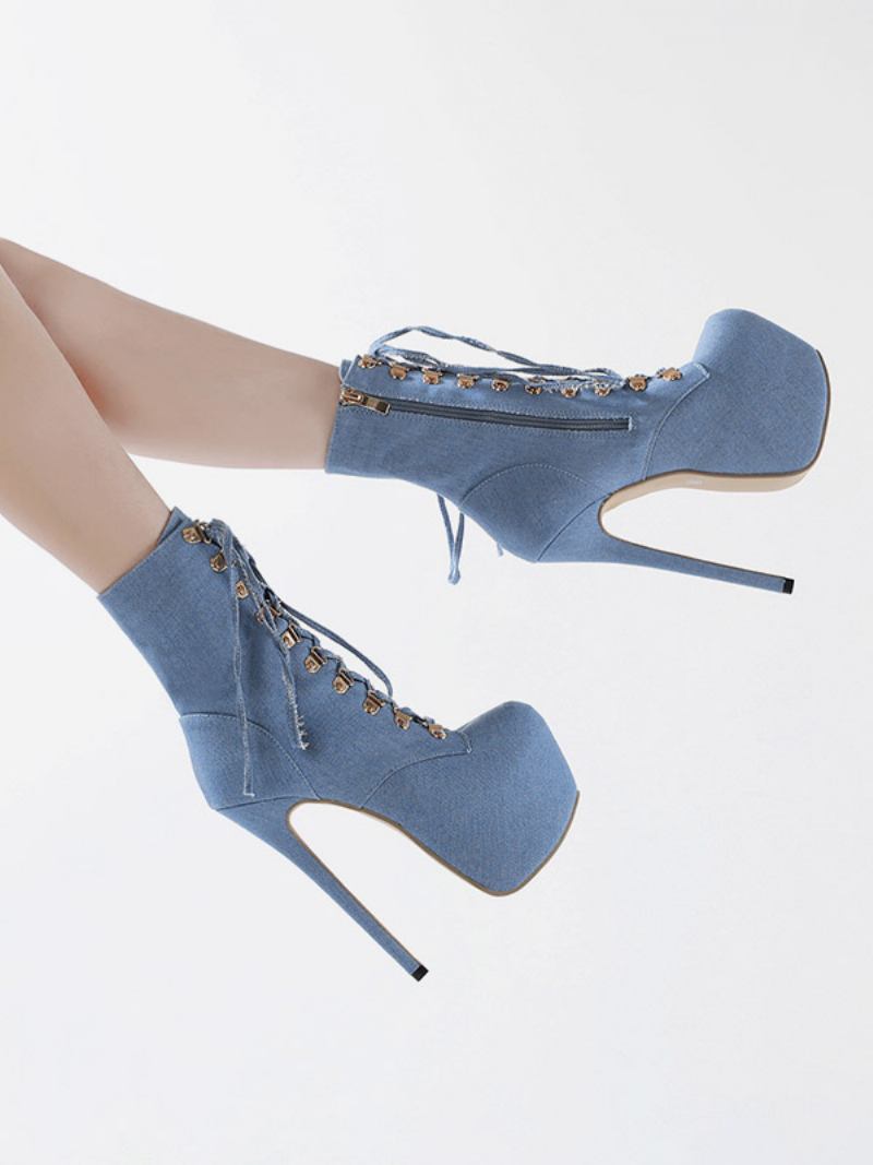 Botas Tornozelo Sexy Femininas Lona Dedo Do Pé Redondo Salto Agulha Rendas Até - Azul Céu Claro