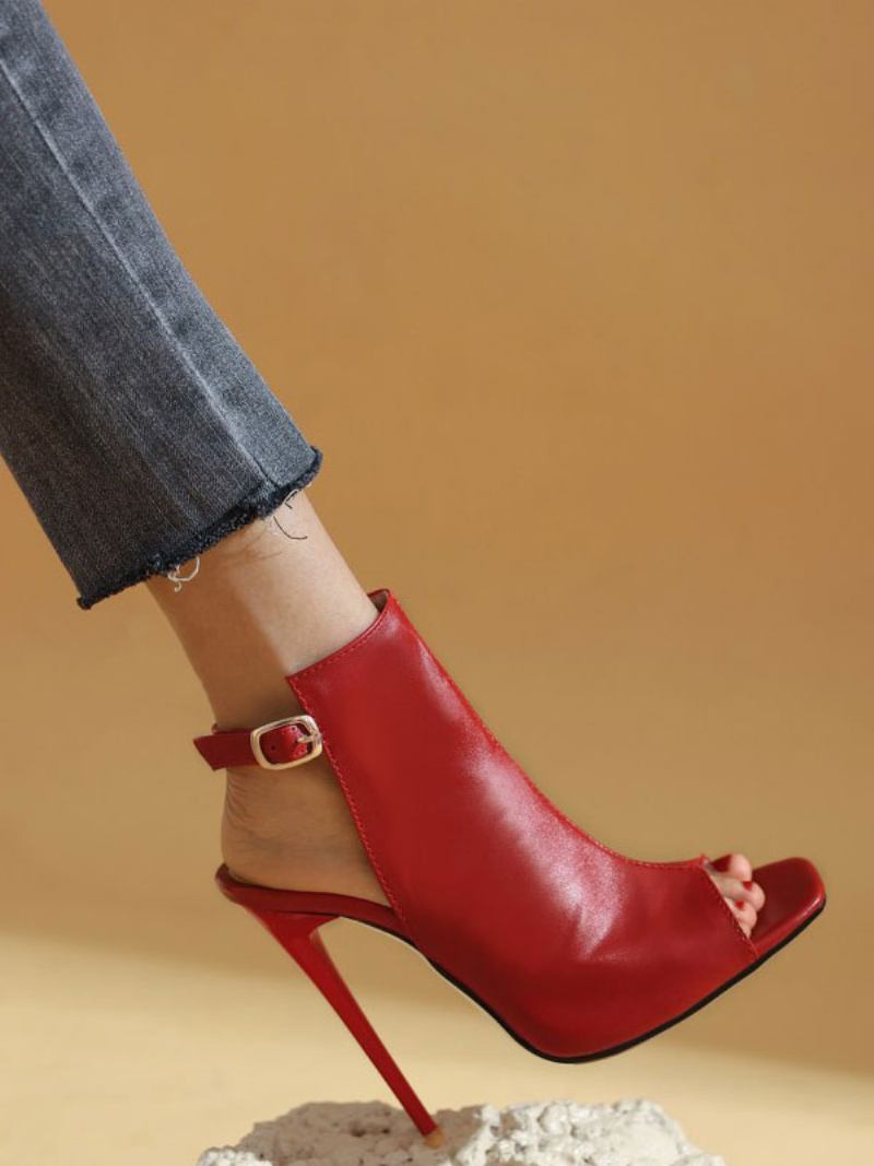 Botas Verão Brancas Para Mulheres Peep Toe Salto Agulha Couro Pu Cano Baixo - Vermelho