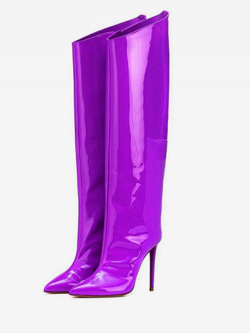 Botas Vermelhas Até O Joelho Bico Fino Couro Brilhante Salto Agulha Na Altura Do Para Mulheres - Roxo