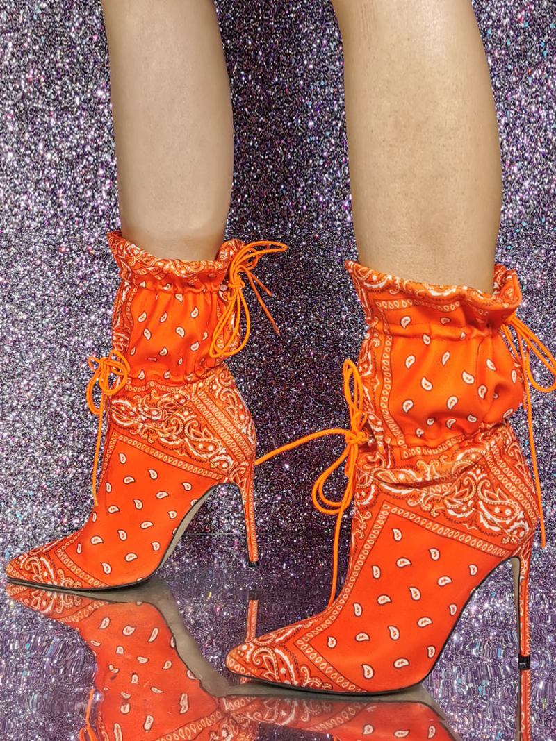 Botins Femininos Cetim Com Bico Fino E Salto Agulha - Laranja