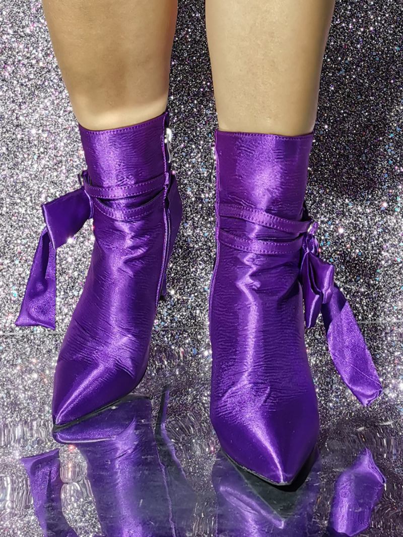 Botins Femininos Cetim Com Bico Fino E Salto Agulha - Roxo