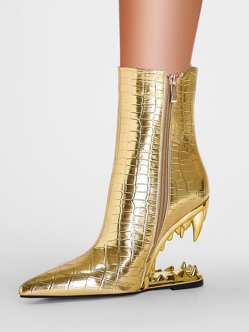 Botins Femininos Com Bico Fino Dourado E Salto Em Cunha