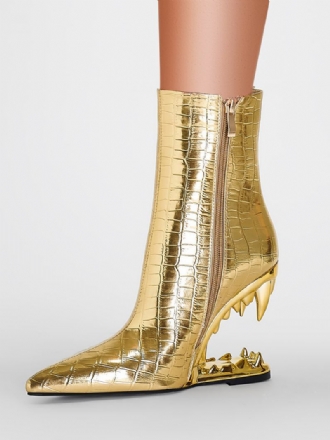 Botins Femininos Com Bico Fino Dourado E Salto Em Cunha