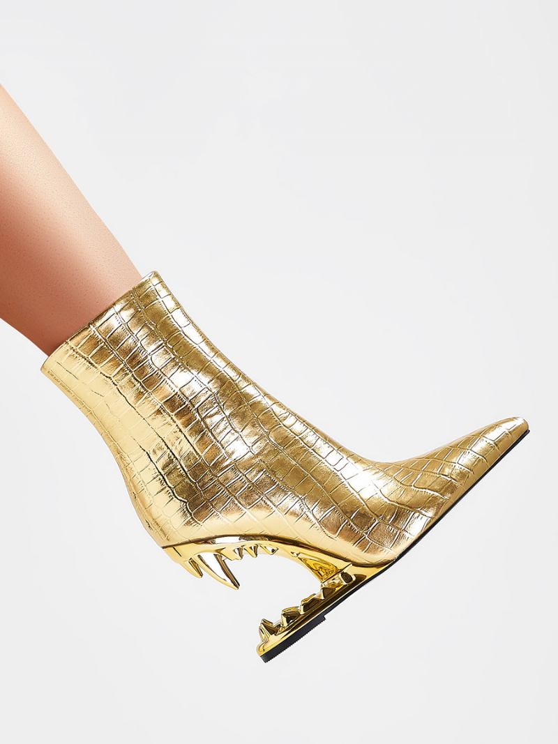 Botins Femininos Com Bico Fino Dourado E Salto Em Cunha - Ouro