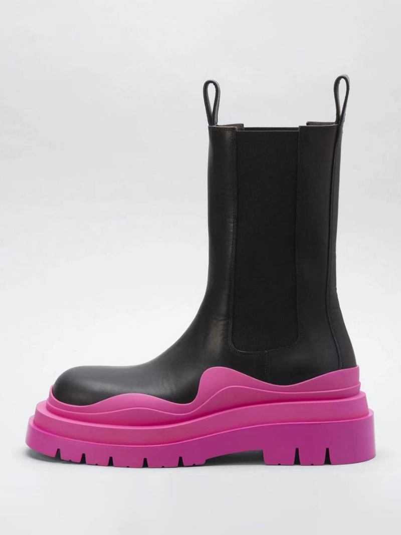 Botins Femininos Com Bico Redondo Geométrico Botas Chelsea - Magenta