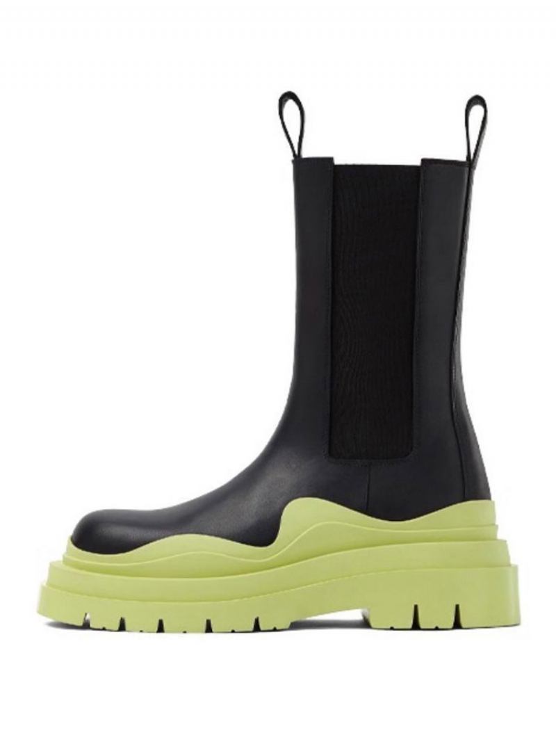 Botins Femininos Com Plataforma Geométrica E Bico Redondo Botas Chelsea - Amarelo Verde