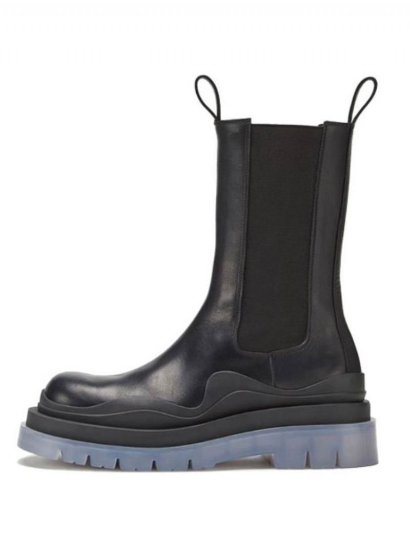 Botins Femininos Com Plataforma Geométrica E Bico Redondo Botas Chelsea - Preto