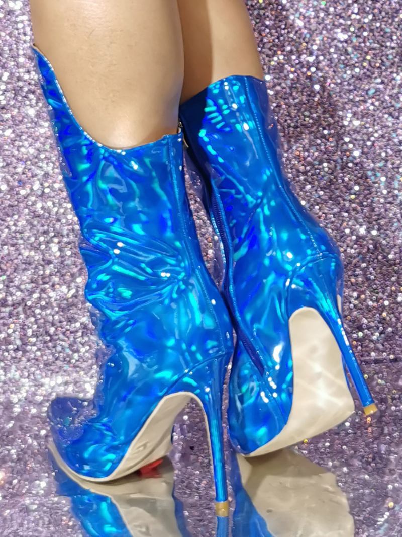 Botins Femininos Com Salto Agulha E Em Pu Patenteado -  Azul