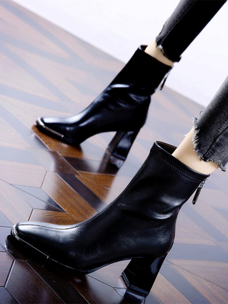 Botins Femininos Com Salto Bloco E Zíper - Preto