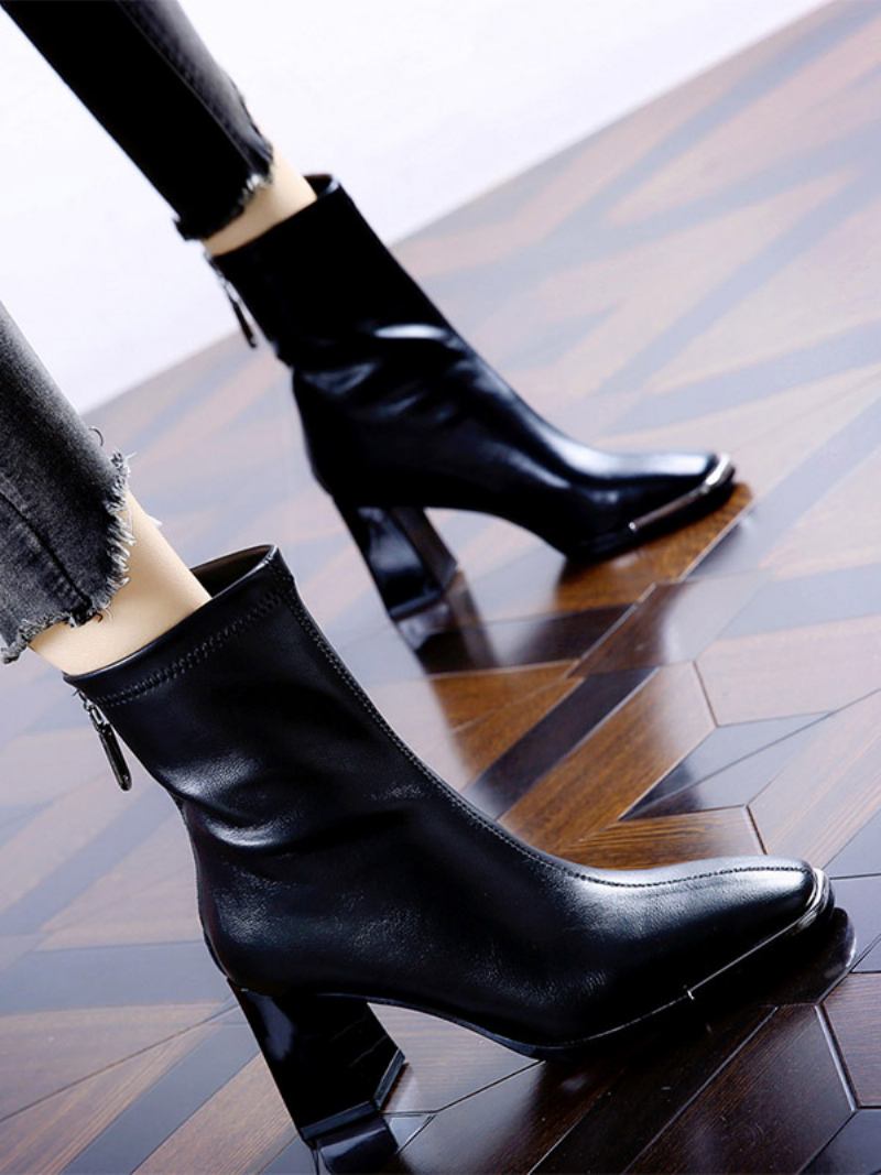 Botins Femininos Com Salto Bloco E Zíper - Preto