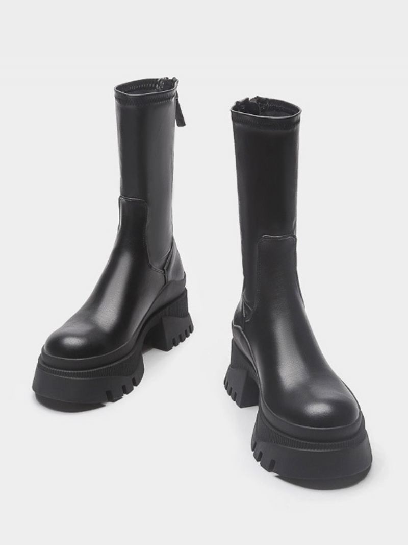 Botins Femininos Pretos Com Bico Redondo Flatformbooties - Preto