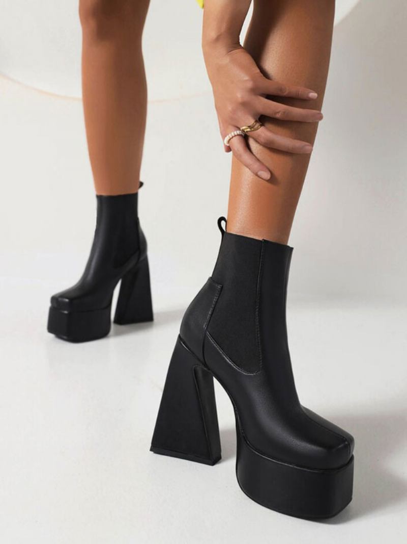 Botins Femininos Pretos Com Plataforma E Bico Quadrado Salto Grosso - Preto