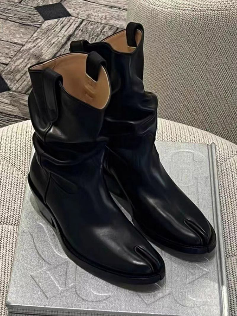 Botins Femininos Pretos Com Salto Grosso E Dedo Do Pé Desleixado - Preto