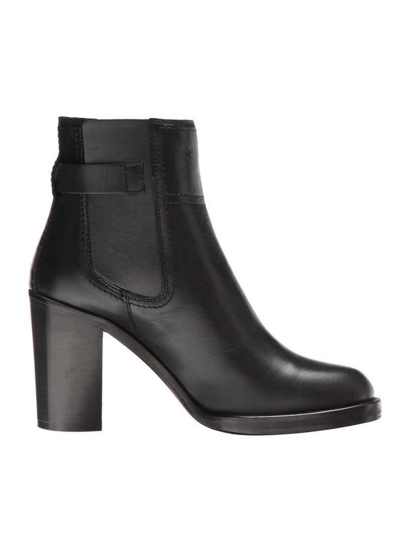 Botins Pretos Femininos Com Bico Redondo E Fivela Salto Grosso - Preto