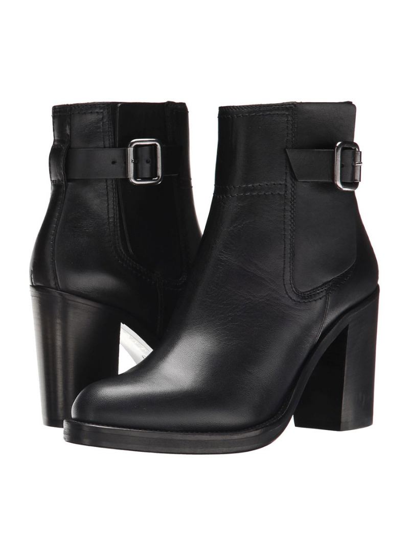 Botins Pretos Femininos Com Bico Redondo E Fivela Salto Grosso - Preto