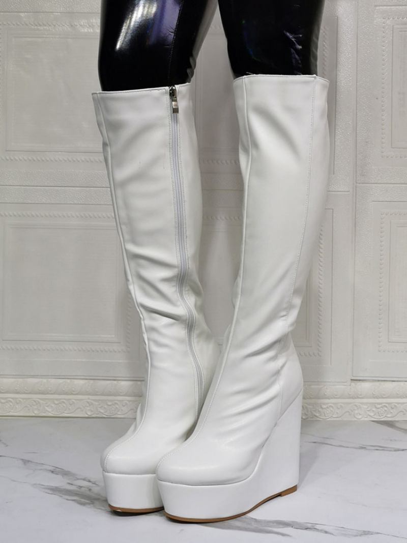 Mulheres Joelho Botas Altas Couro Pu Branco Redondo Dedo Do Pé Salto Cunha Sexy Alto - Branco