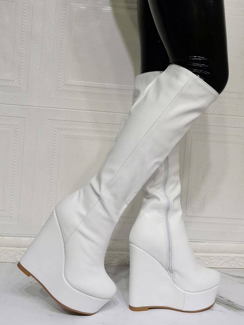 Mulheres Joelho Botas Altas Couro Pu Branco Redondo Dedo Do Pé Salto Cunha Sexy Alto - Branco