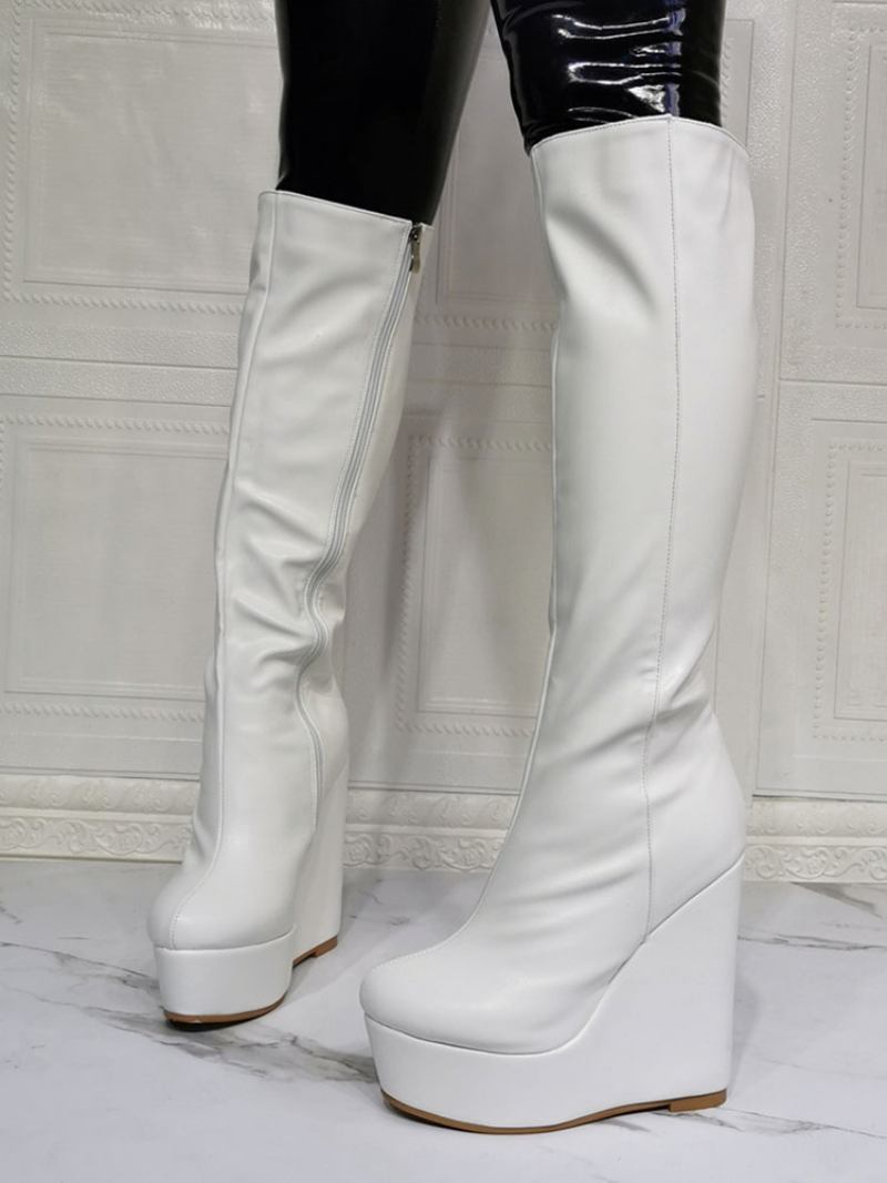 Mulheres Joelho Botas Altas Couro Pu Branco Redondo Dedo Do Pé Salto Cunha Sexy Alto - Branco