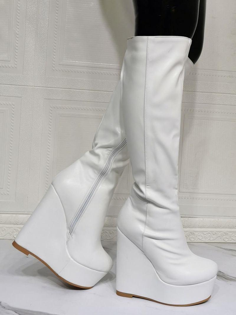 Mulheres Joelho Botas Altas Couro Pu Branco Redondo Dedo Do Pé Salto Cunha Sexy Alto - Branco