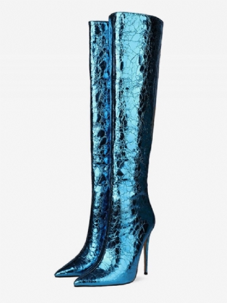 Mulheres Joelho Botas Altas Deslumbrante Azul Apontou Toe Salto Stiletto Night Club Femininas Alto