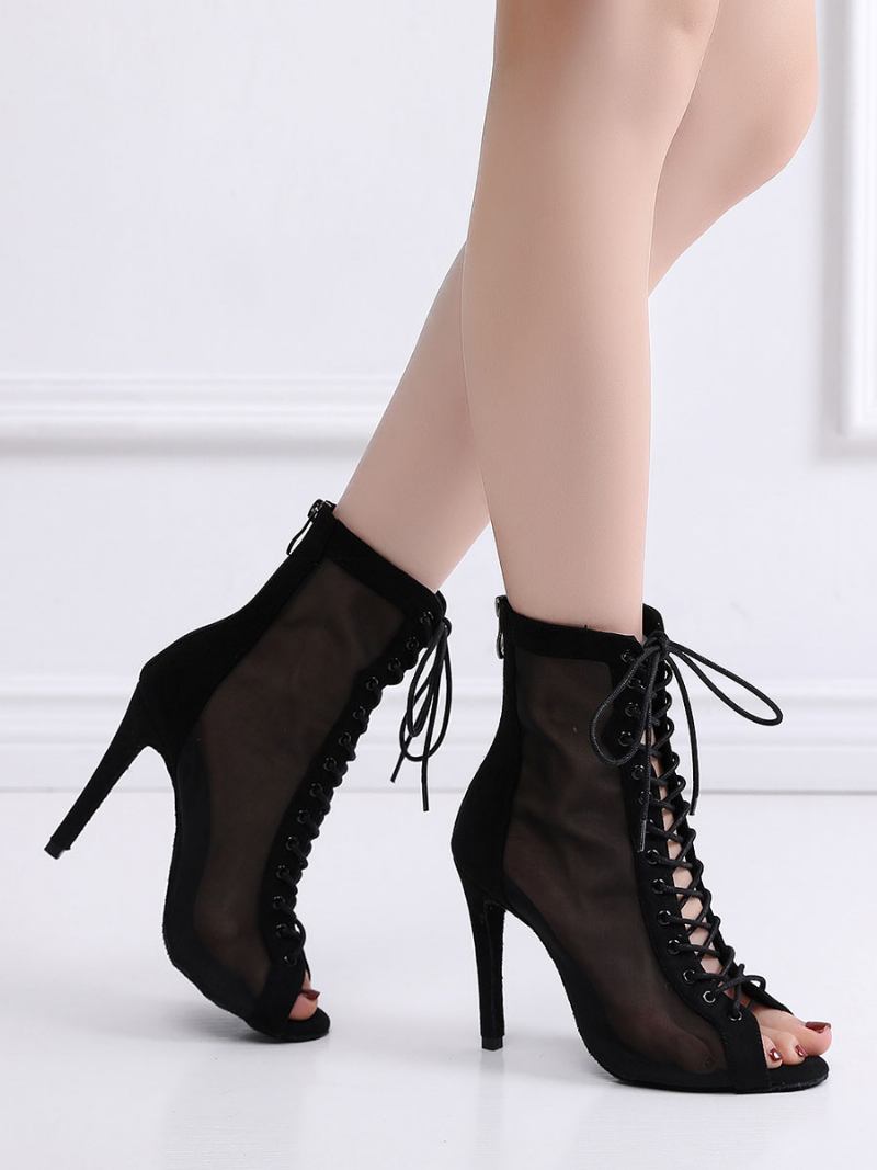 Mulheres Lace Up Mesh Botas Verão Stilettos - Preto