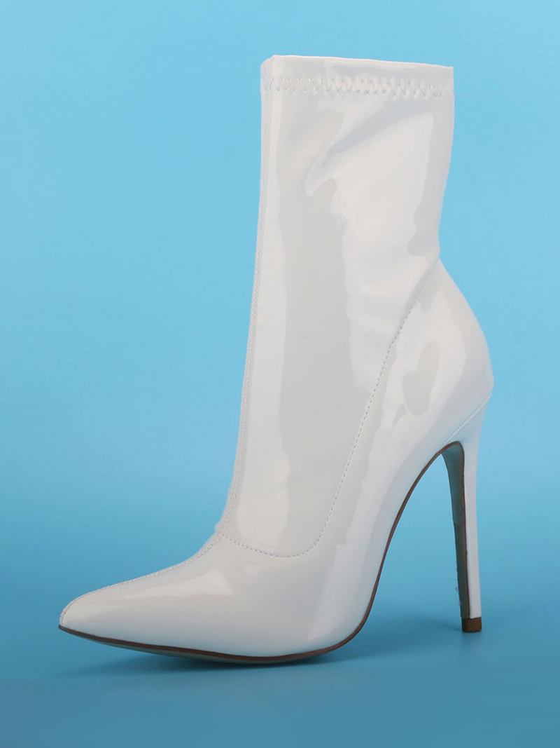 Mulheres Patente Tornozelo Branco Apontou Toe Salto Alto Sexy Botas Couro Brilhante - Branco