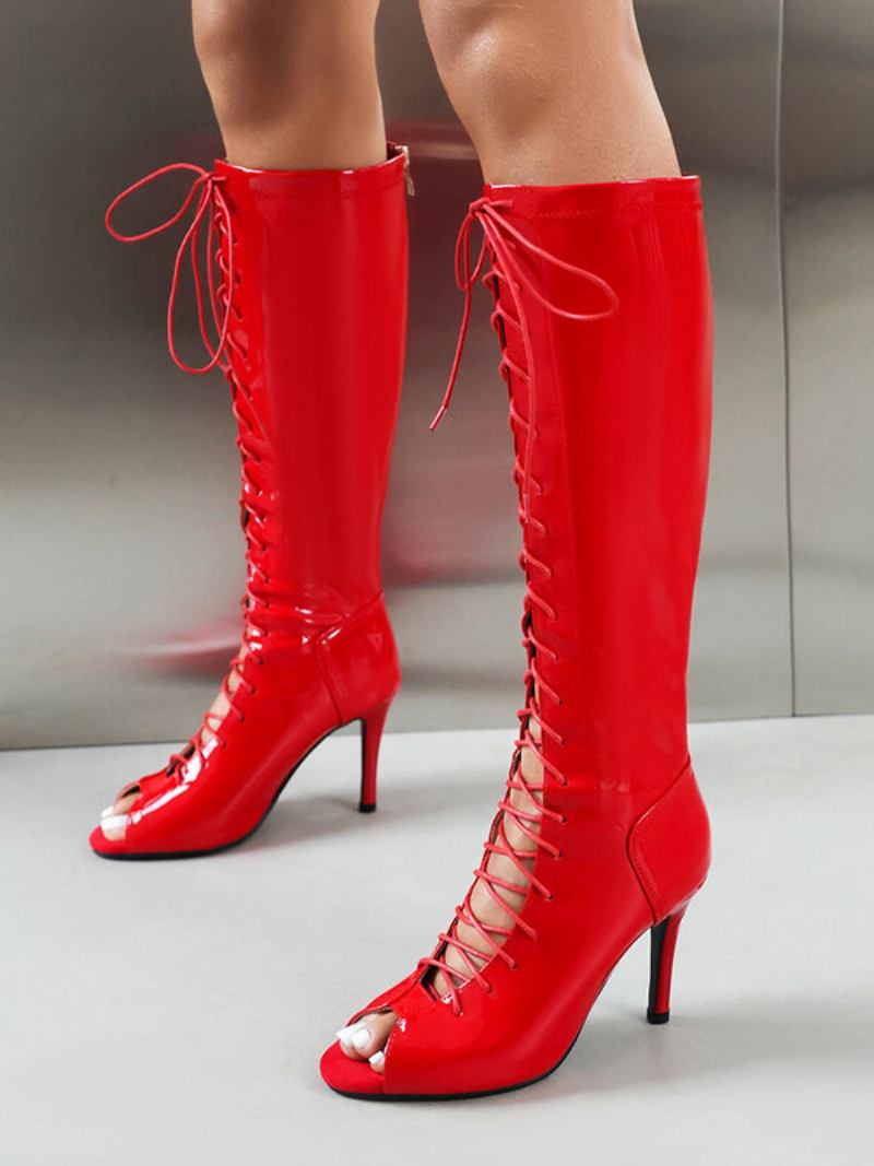 Sandália Feminina Preta Salto Alto Botas Peep Toe Com Cadarço Até O Joelho - Vermelho