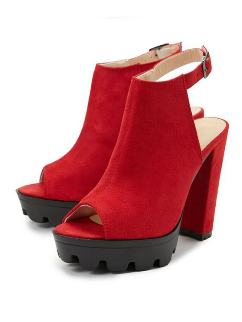 Sandálias Femininas Verão Salto Grosso Camurça Couro Vermelho Estilingue Botas Tornozelo - Vermelho