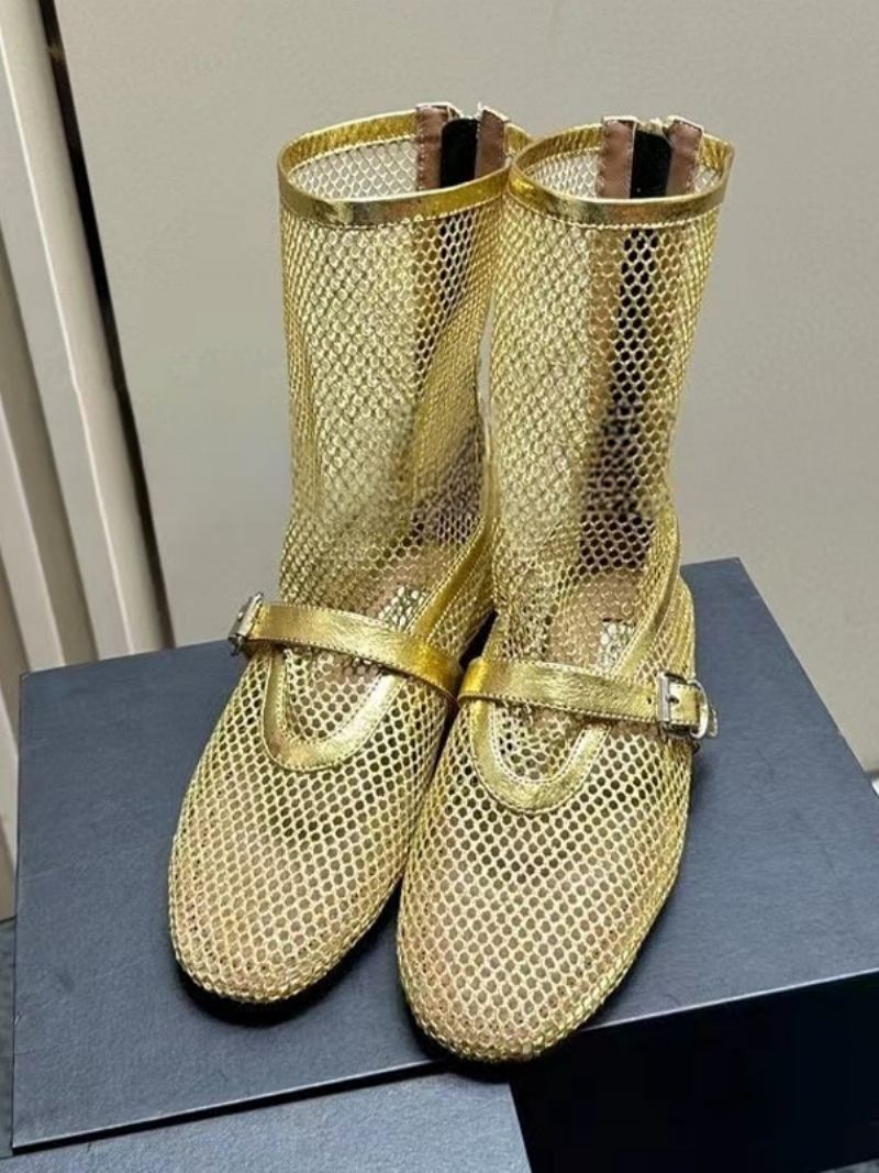 Sandálias Rasteiras Femininas Com Detalhes Em Rede Arrastão Preta E Botas Sandália - Ouro