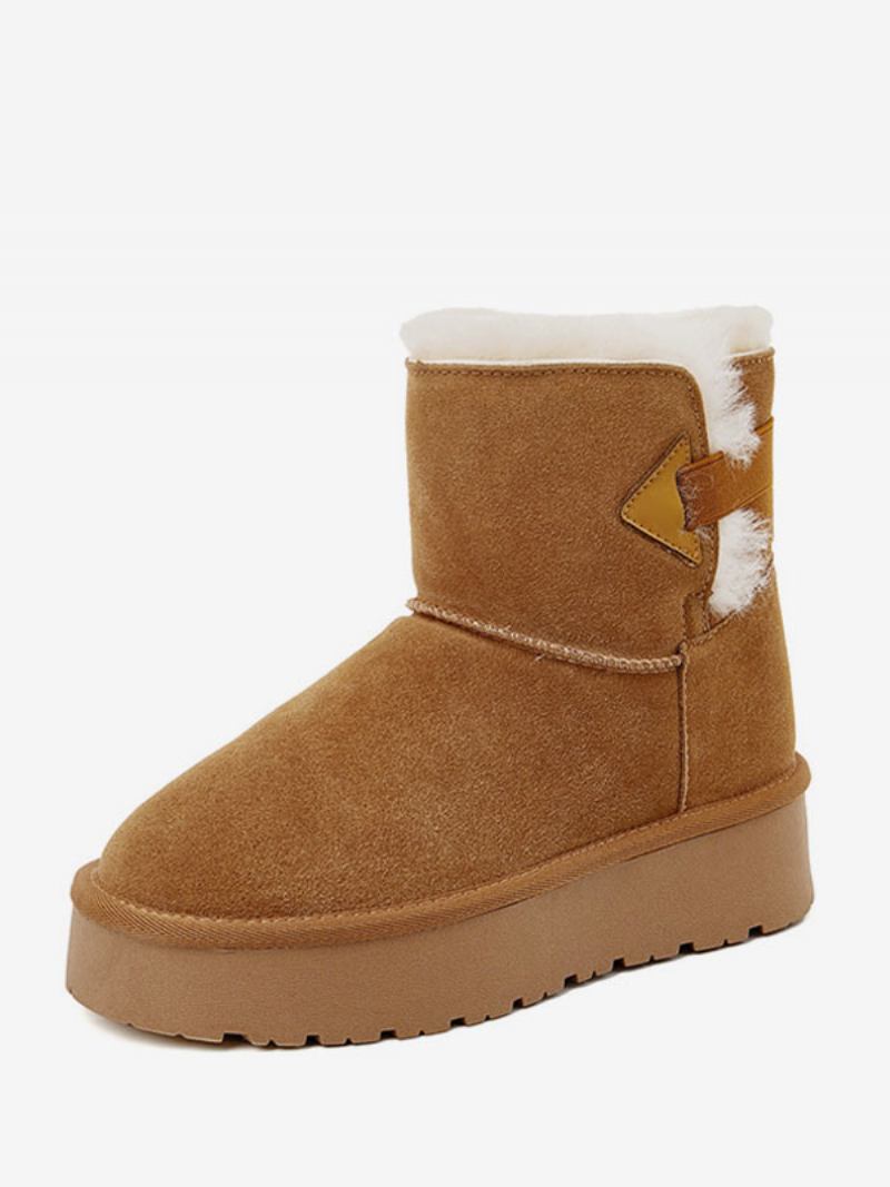 Sapatos Femininos Camurça Inverno Botas Neve Com Bico Redondo Marrom