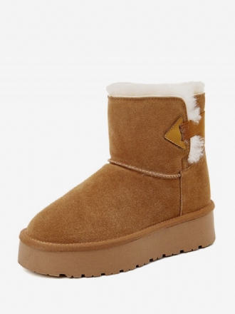 Sapatos Femininos Camurça Inverno Botas Neve Com Bico Redondo Marrom