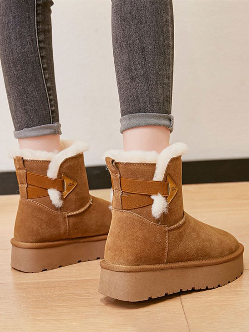 Sapatos Femininos Camurça Inverno Botas Neve Com Bico Redondo Marrom - Castanho Café