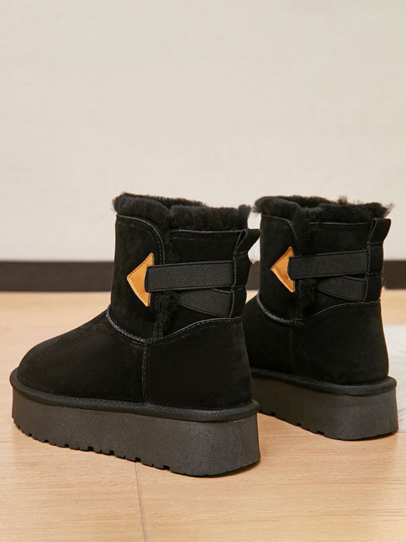 Sapatos Femininos Camurça Inverno Botas Neve Com Bico Redondo Marrom - Preto