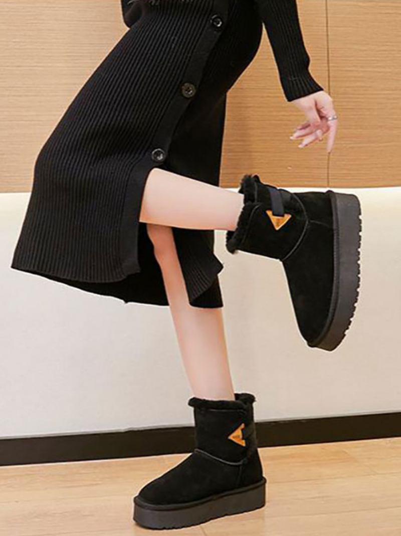 Sapatos Femininos Camurça Inverno Botas Neve Com Bico Redondo Marrom - Preto