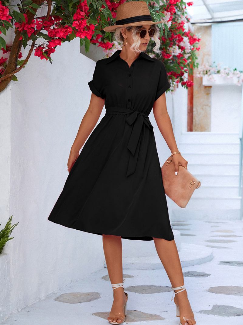 Camisa Feminina Midi Vestido Turndown Colarinho Botões Manga Curta Vestidos - Preto